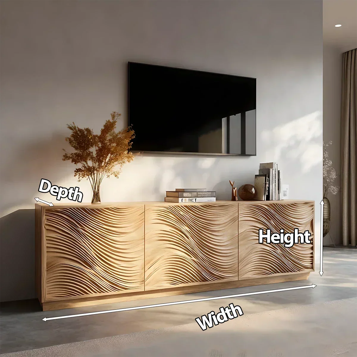 Sunlit Wave Carved Solid Wood TV Stand – Natural Breeze Edition - Rustiracraft 