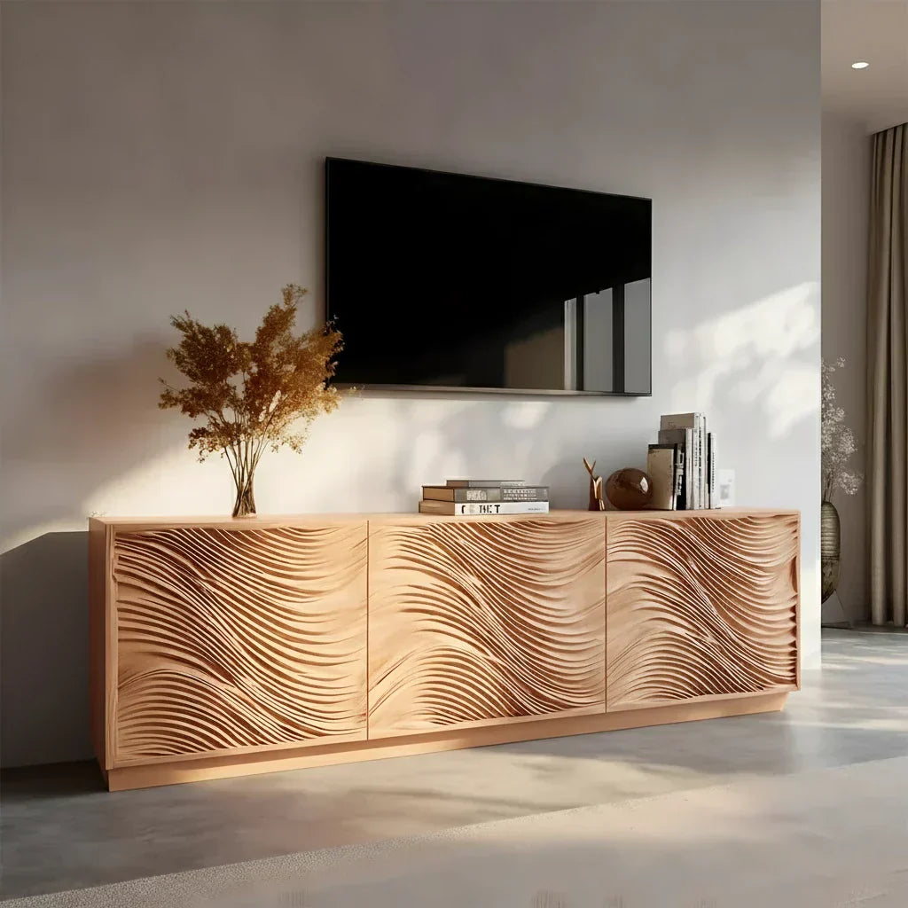 Sunlit Wave Carved Solid Wood TV Stand – Natural Breeze Edition - Rustiracraft 