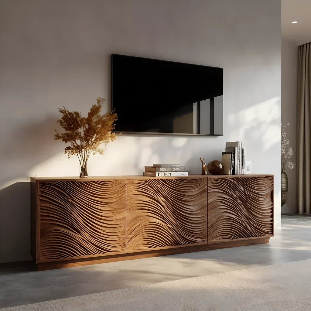 Sunlit Wave Carved Solid Wood TV Stand – Natural Breeze Edition - Rustiracraft 