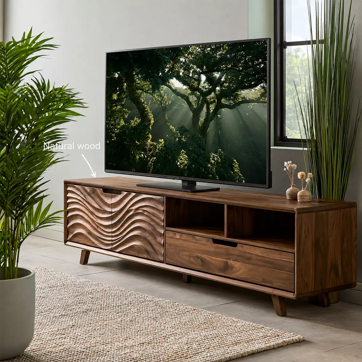 TV Stand with Concealed Storage and Sculptural Wave-Carved Cabinet Door - Rustiracraft