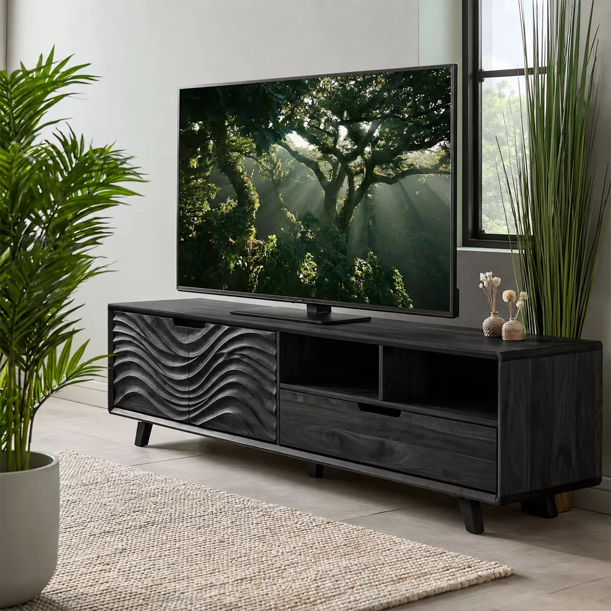 TV Stand with Concealed Storage and Sculptural Wave-Carved Cabinet Door - Rustiracraft