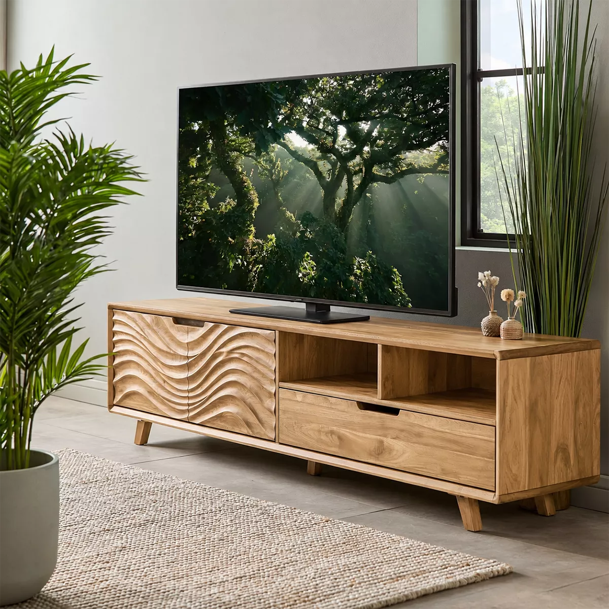 TV Stand with Concealed Storage and Sculptural Wave-Carved Cabinet Door - Rustiracraft