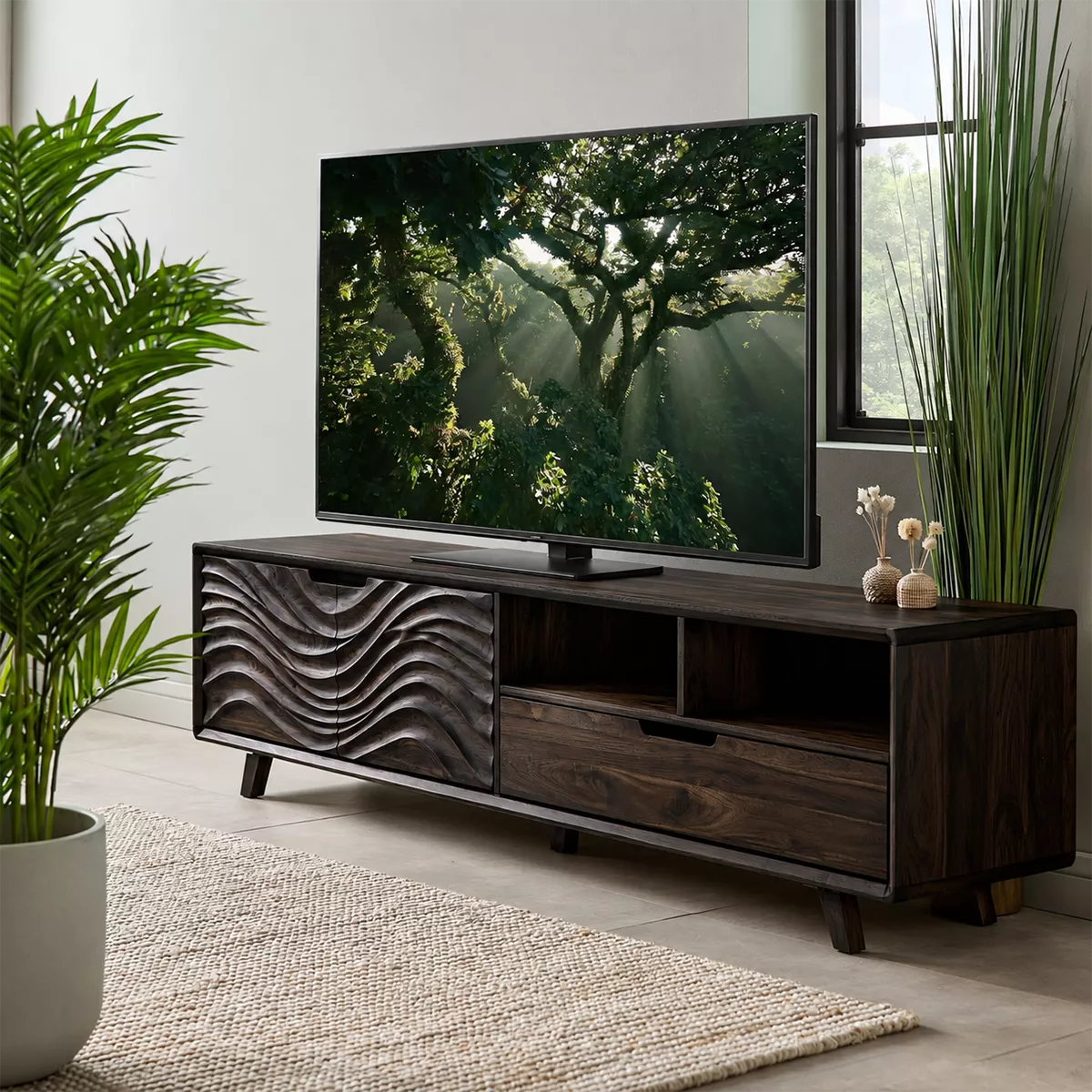 TV Stand with Concealed Storage and Sculptural Wave-Carved Cabinet Door - Rustiracraft
