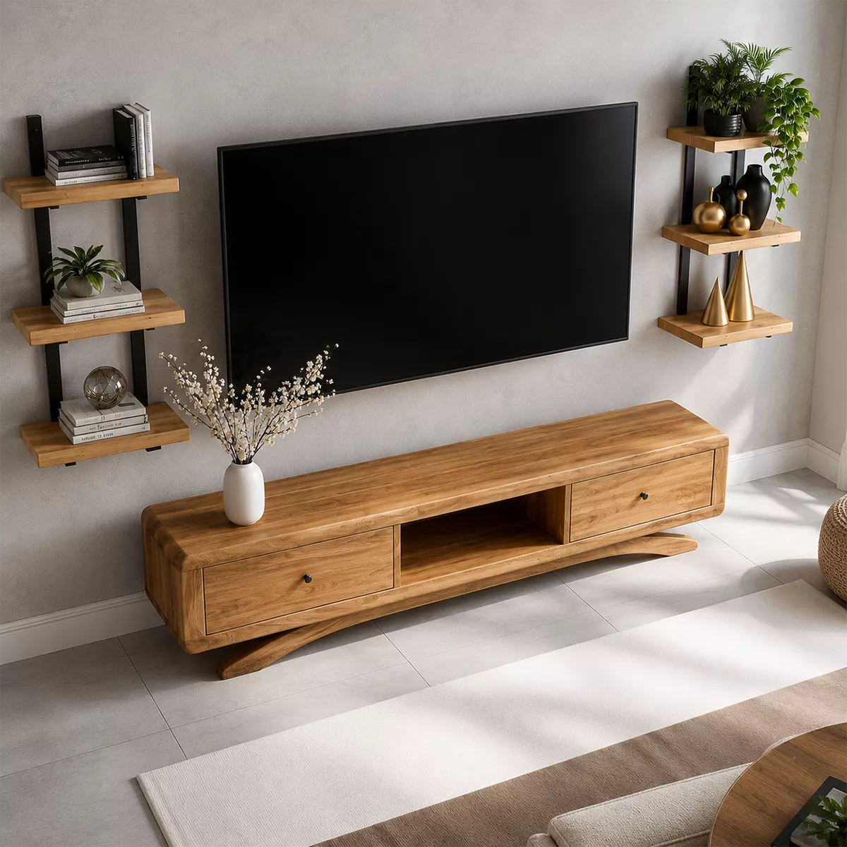 TV Stand with Curved Legs and Two Storage Drawers in Natural Solid Wood - Rustiracraft