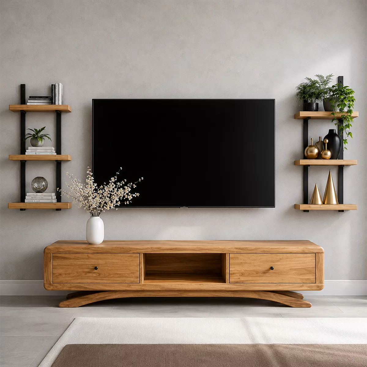 TV Stand with Curved Legs and Two Storage Drawers in Natural Solid Wood - Rustiracraft