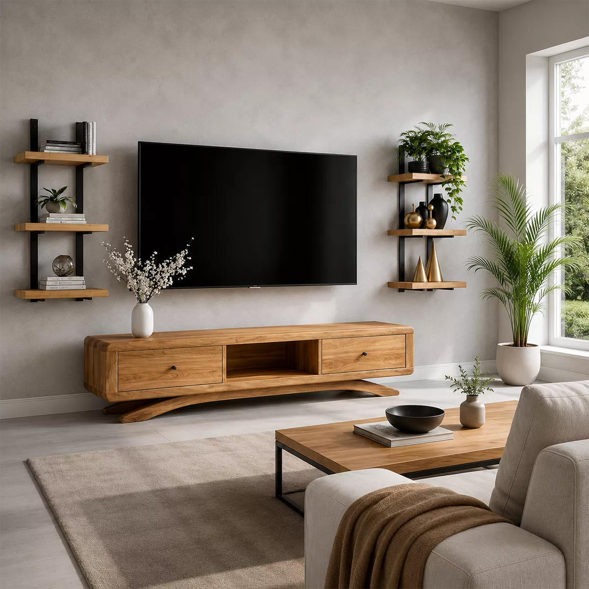 TV Stand with Curved Legs and Two Storage Drawers in Natural Solid Wood - Rustiracraft
