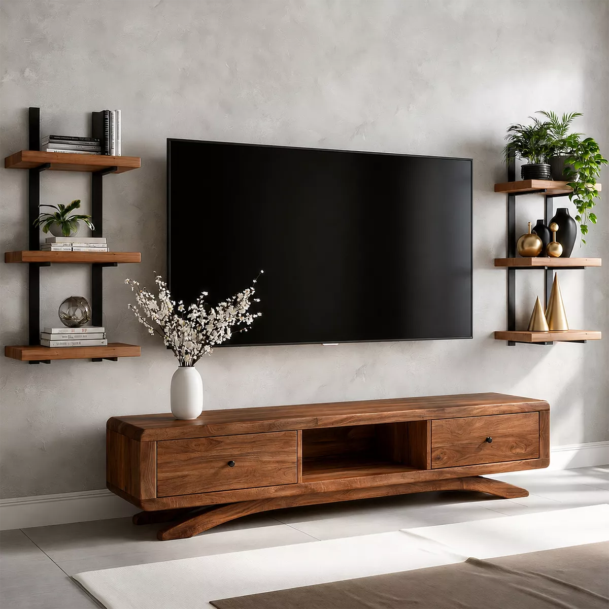 TV Stand with Curved Legs and Two Storage Drawers in Natural Solid Wood - Rustiracraft