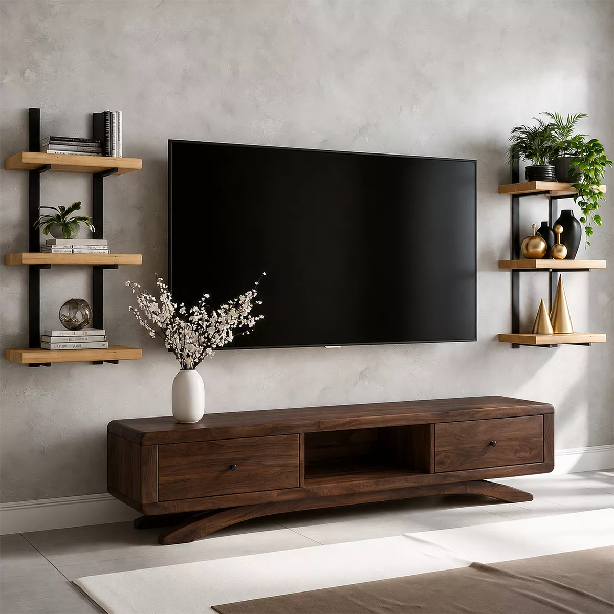 TV Stand with Curved Legs and Two Storage Drawers in Natural Solid Wood - Rustiracraft