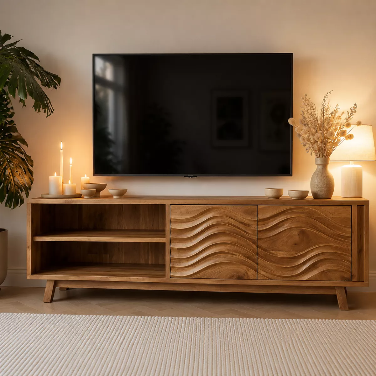 TV Stand with Enclosed Storage, Open Shelving, and Sculptural Wave Doors - Rustiracraft