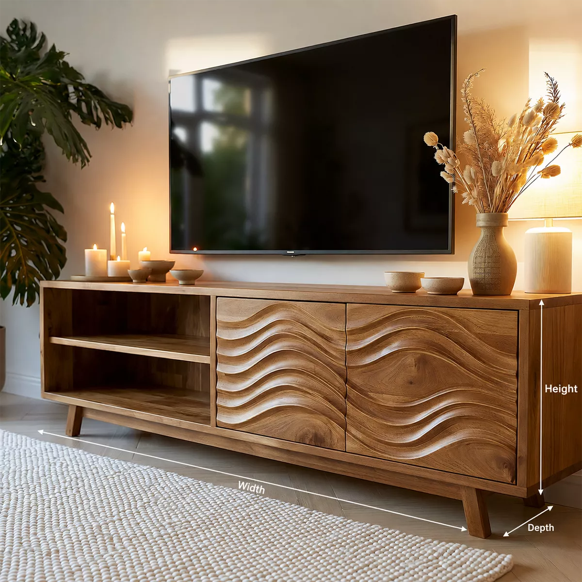 TV Stand with Enclosed Storage, Open Shelving, and Sculptural Wave Doors - Rustiracraft