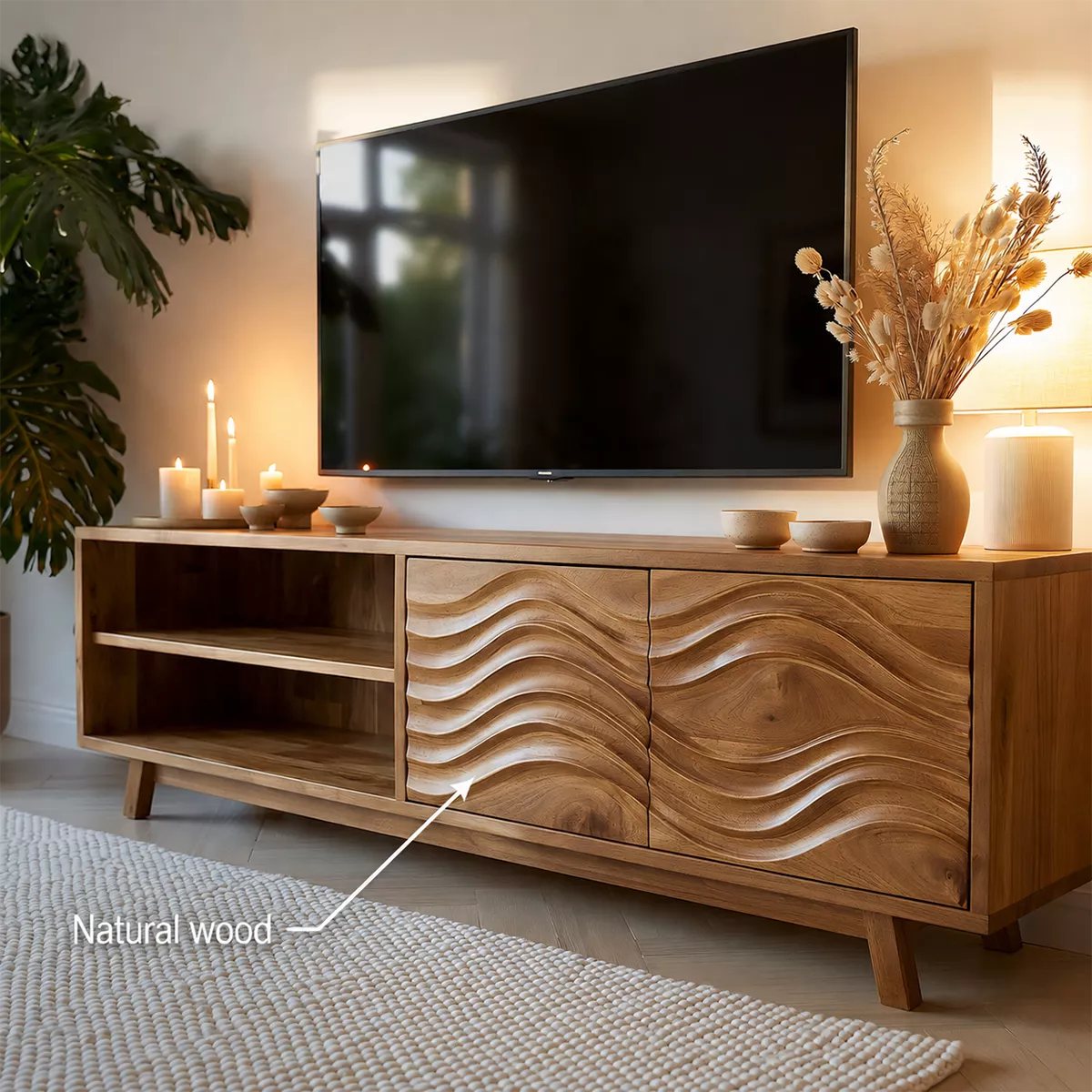 TV Stand with Enclosed Storage, Open Shelving, and Sculptural Wave Doors - Rustiracraft