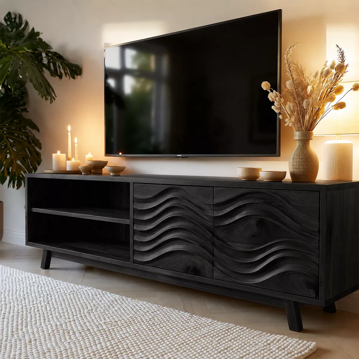 TV Stand with Enclosed Storage, Open Shelving, and Sculptural Wave Doors - Rustiracraft