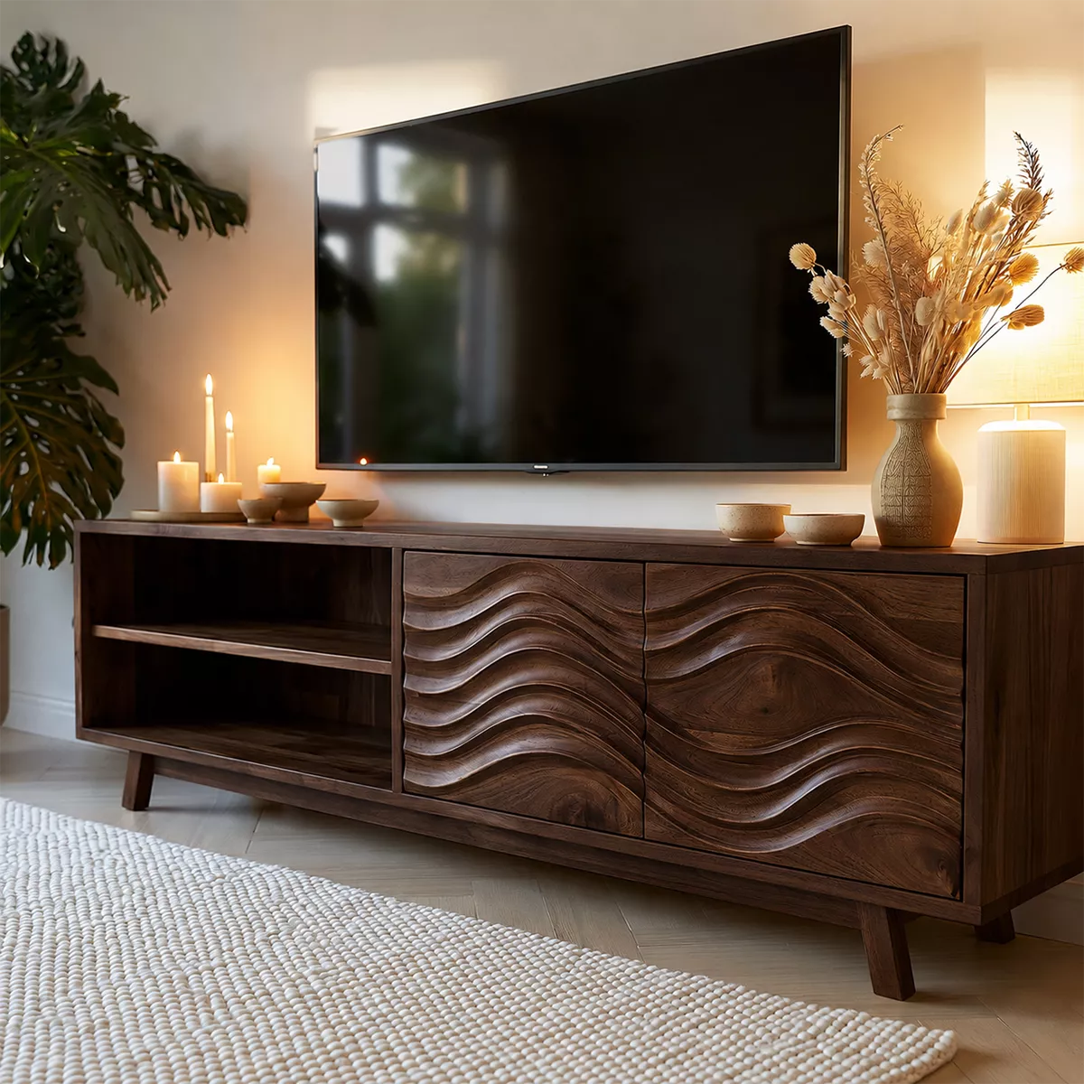 TV Stand with Enclosed Storage, Open Shelving, and Sculptural Wave Doors - Rustiracraft