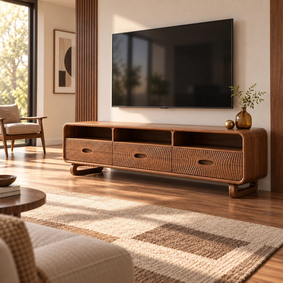 TV Stand with Fluted Drawers and Open Shelving in Natural Solid Wood - Rustiracraft