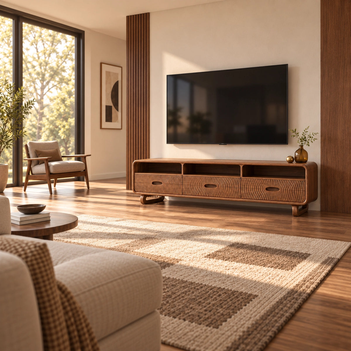 TV Stand with Fluted Drawers and Open Shelving in Natural Solid Wood - Rustiracraft