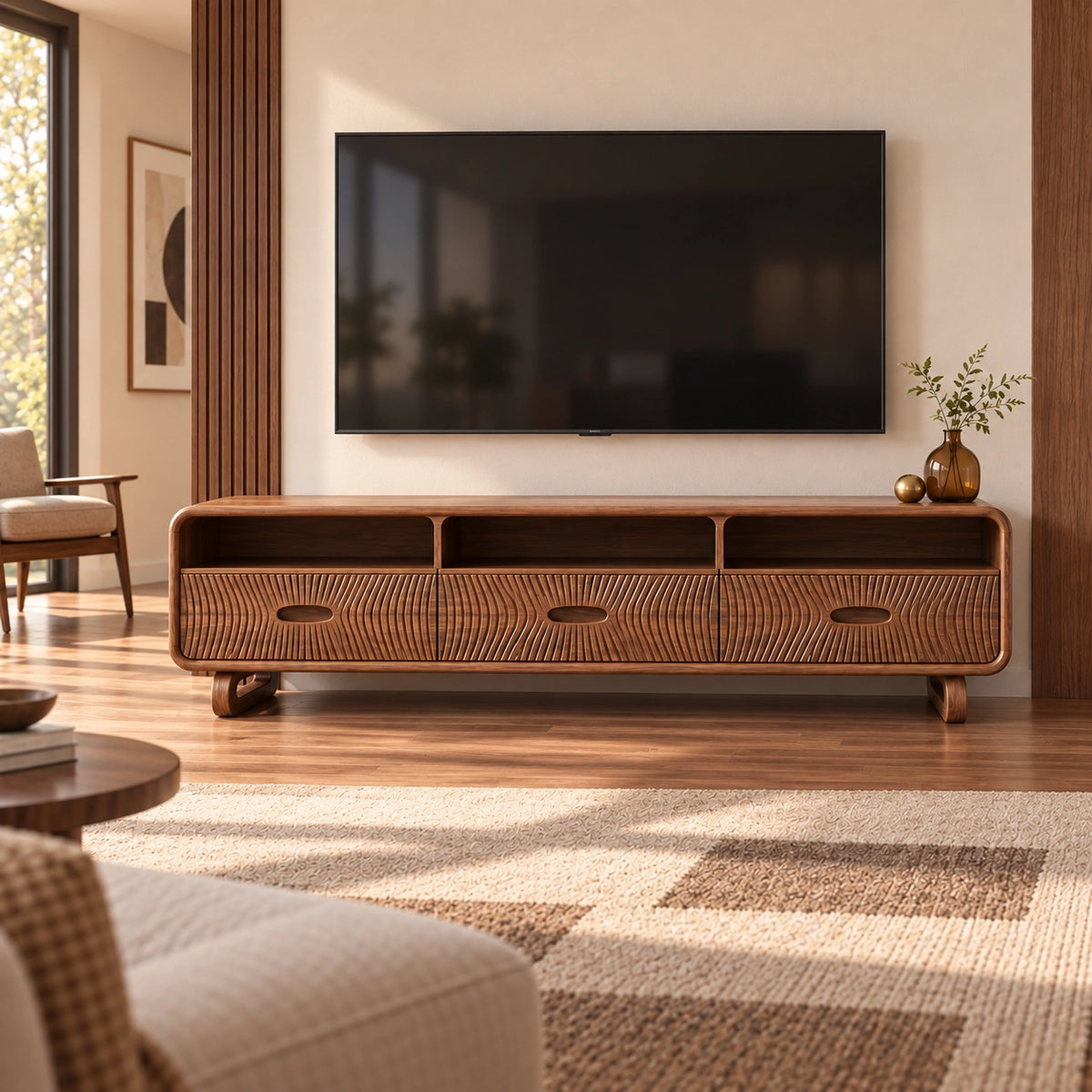 TV Stand with Fluted Drawers and Open Shelving in Natural Solid Wood - Rustiracraft