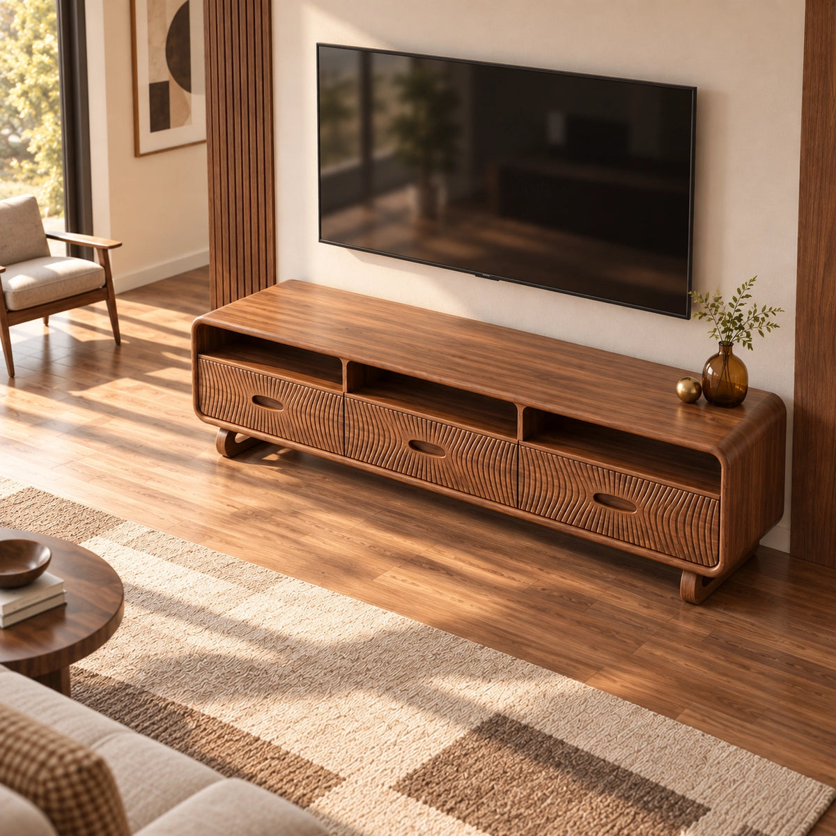 TV Stand with Fluted Drawers and Open Shelving in Natural Solid Wood - Rustiracraft