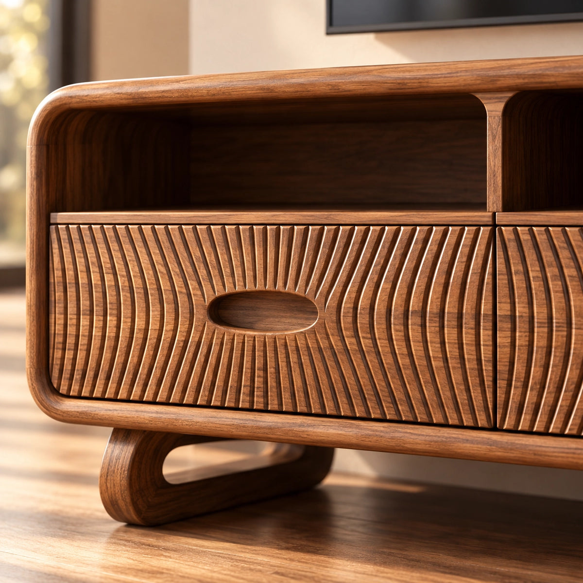 TV Stand with Fluted Drawers and Open Shelving in Natural Solid Wood - Rustiracraft