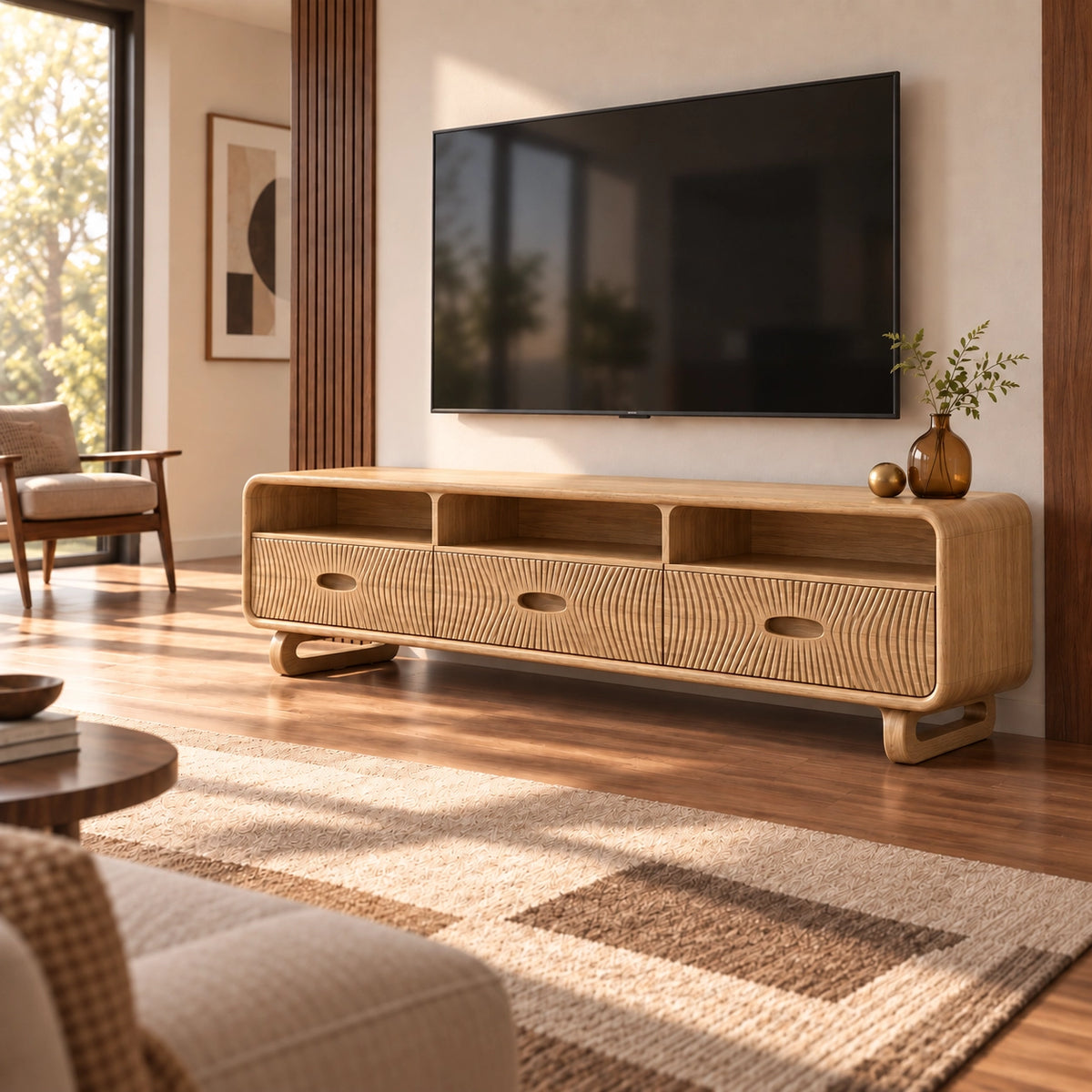 TV Stand with Fluted Drawers and Open Shelving in Natural Solid Wood - Rustiracraft