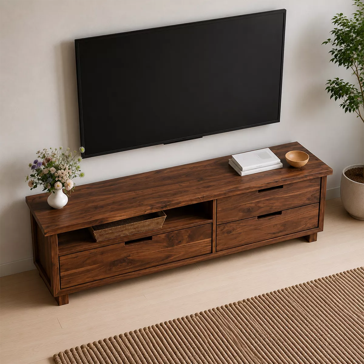 TV Stand with Four Drawers and Recessed Pull Handles in Natural Solid Wood - Rustiracraft