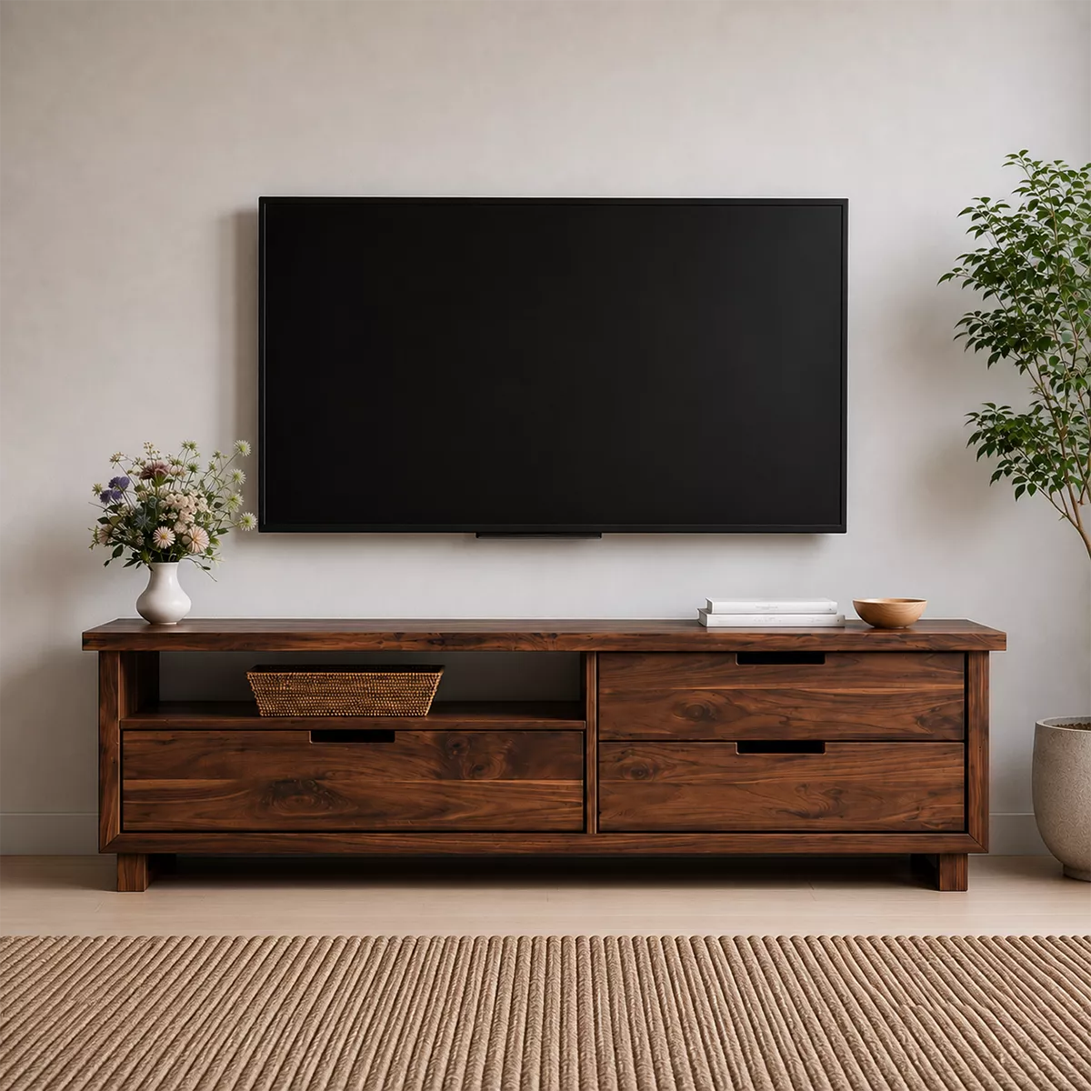 TV Stand with Four Drawers and Recessed Pull Handles in Natural Solid Wood - Rustiracraft