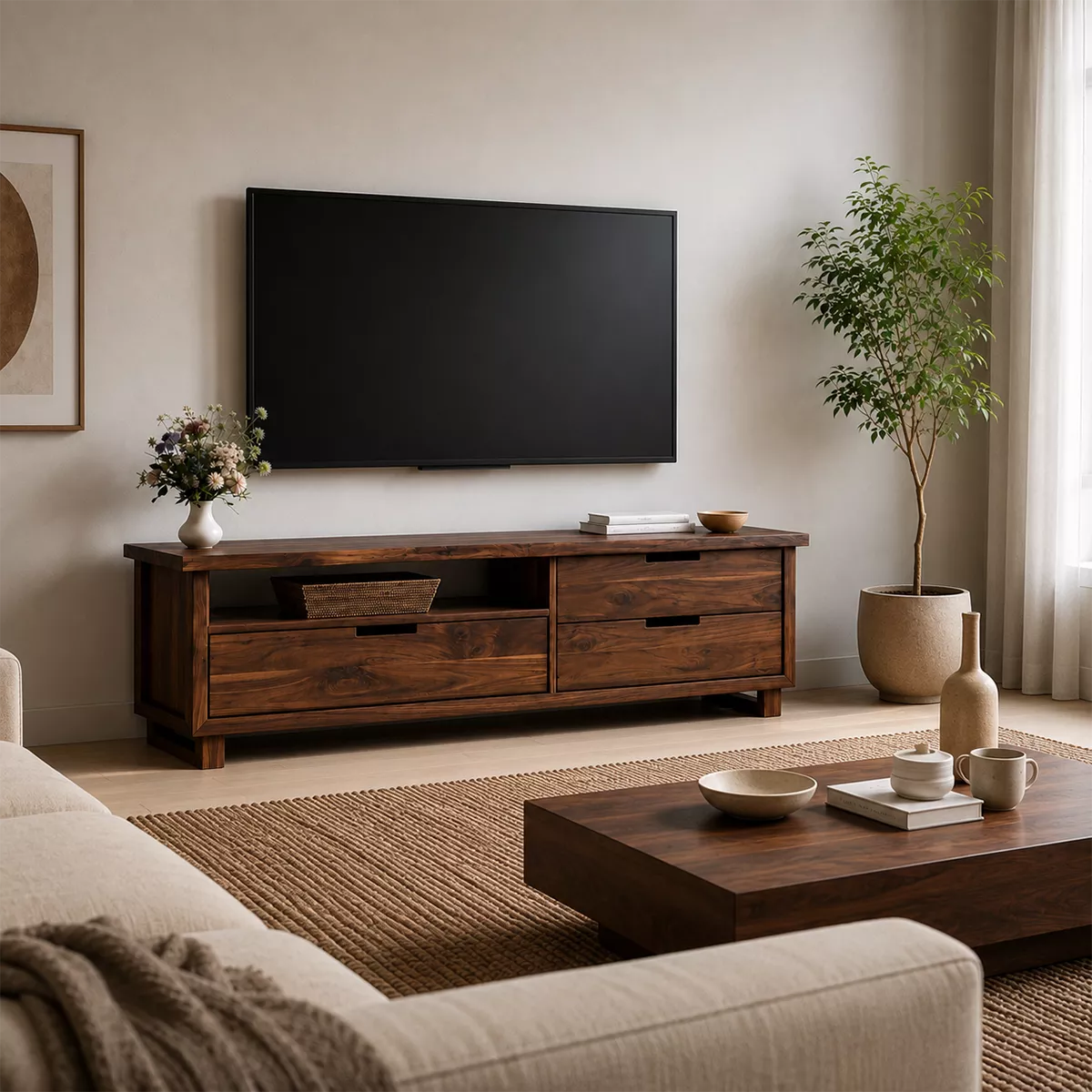 TV Stand with Four Drawers and Recessed Pull Handles in Natural Solid Wood - Rustiracraft