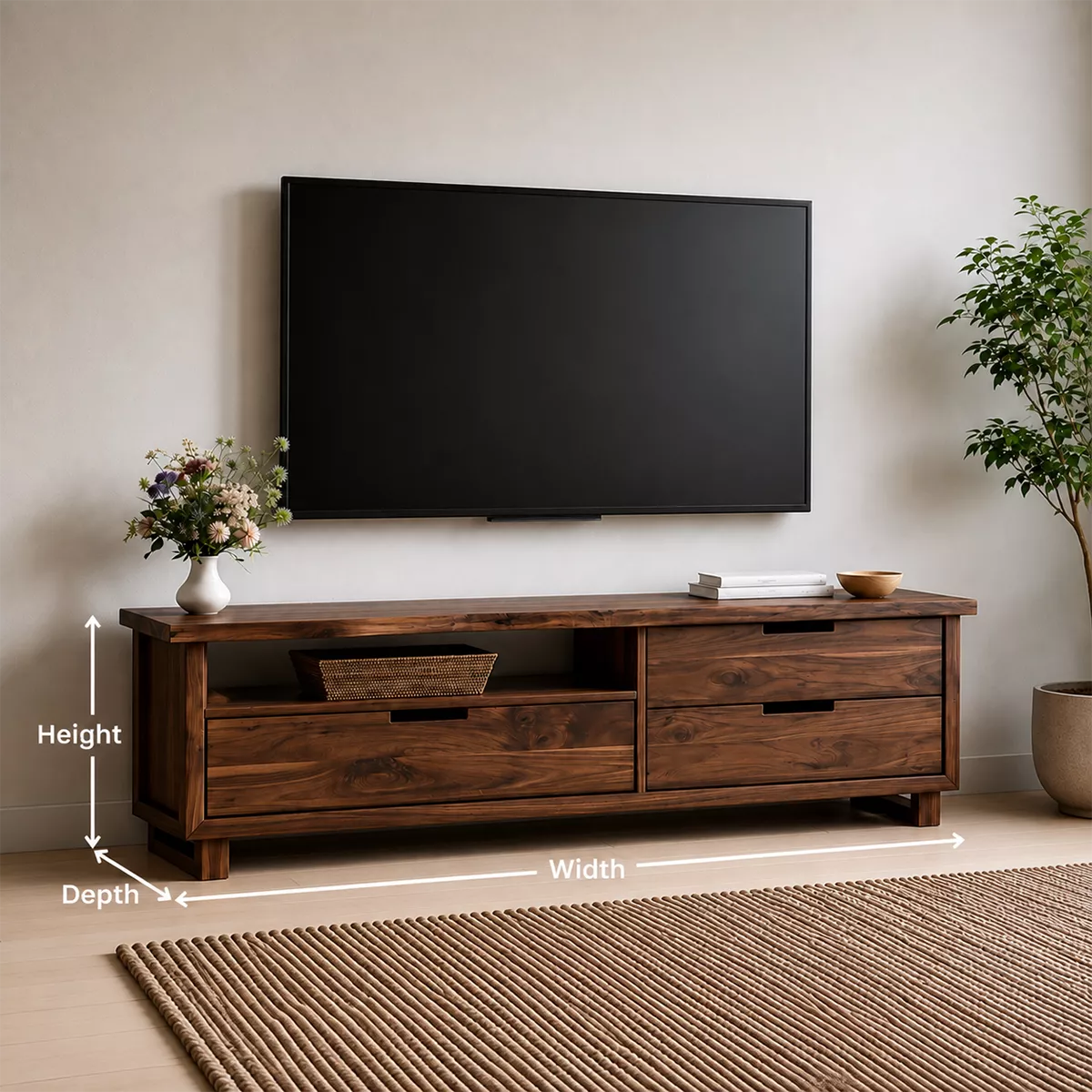 TV Stand with Four Drawers and Recessed Pull Handles in Natural Solid Wood - Rustiracraft
