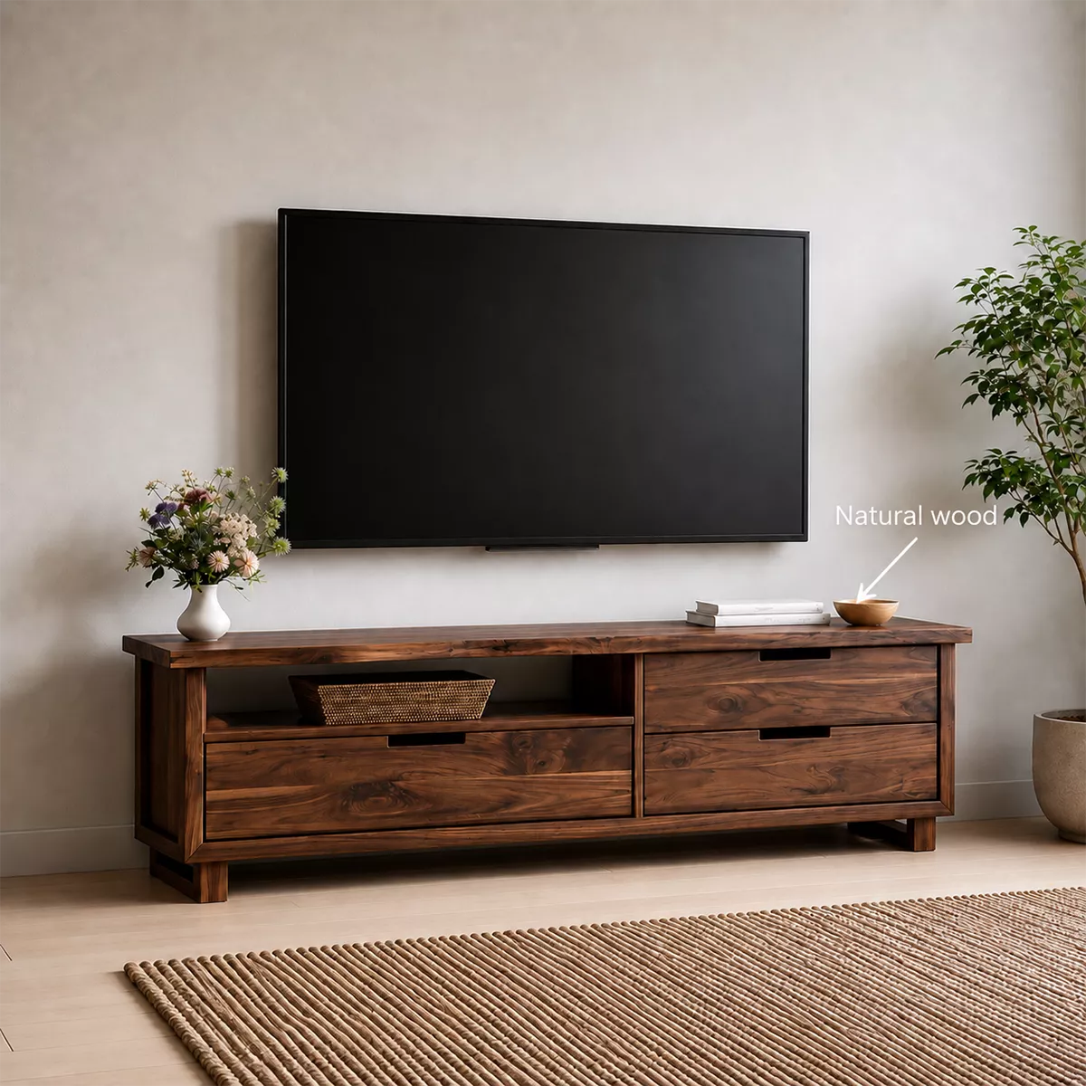 TV Stand with Four Drawers and Recessed Pull Handles in Natural Solid Wood - Rustiracraft