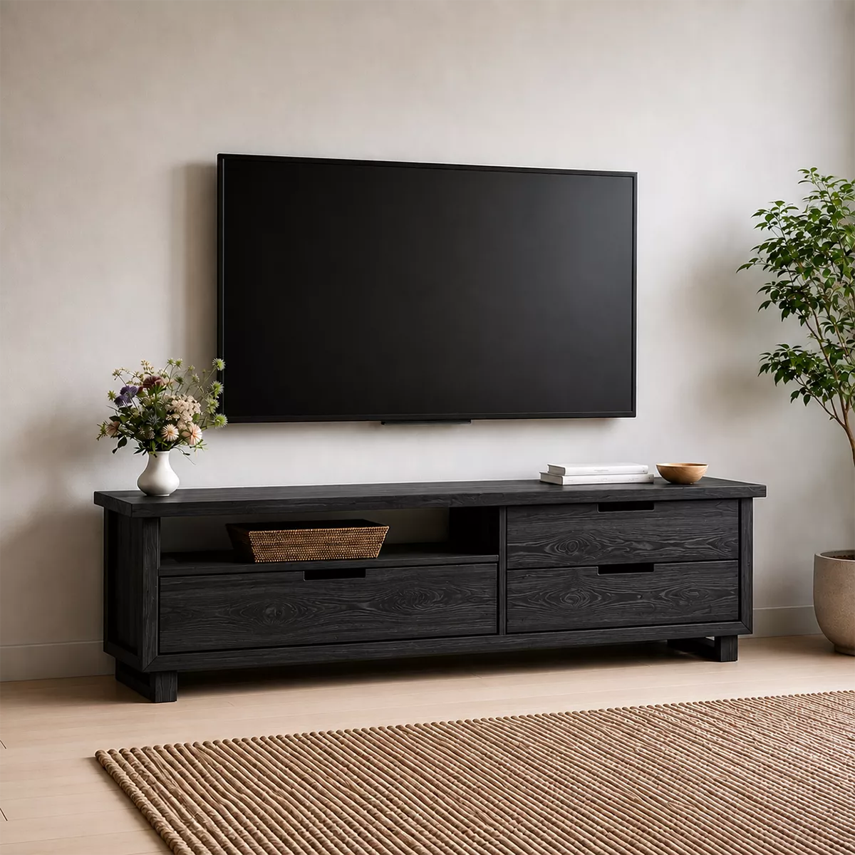 TV Stand with Four Drawers and Recessed Pull Handles in Natural Solid Wood - Rustiracraft