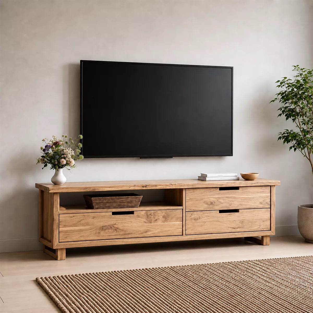 TV Stand with Four Drawers and Recessed Pull Handles in Natural Solid Wood - Rustiracraft