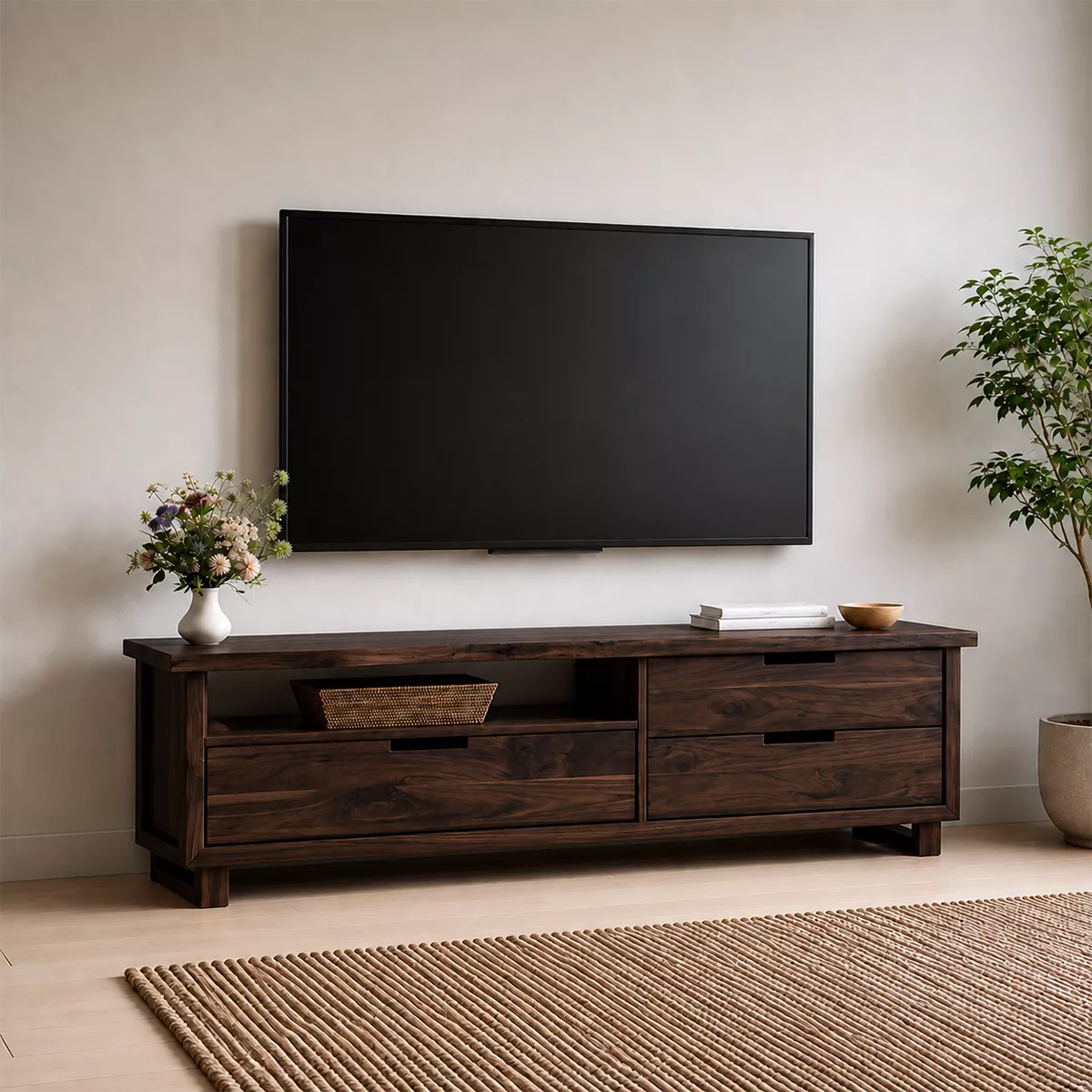 TV Stand with Four Drawers and Recessed Pull Handles in Natural Solid Wood - Rustiracraft