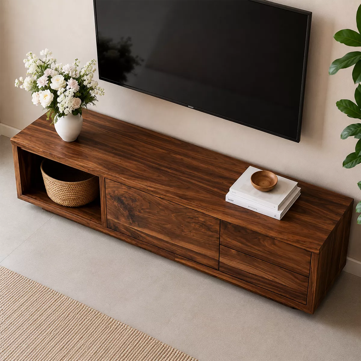 TV Stand with Open Display Nook and Two Drawers in Natural Solid Wood - Rustiracraft