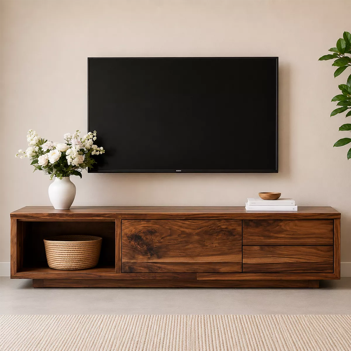TV Stand with Open Display Nook and Two Drawers in Natural Solid Wood - Rustiracraft