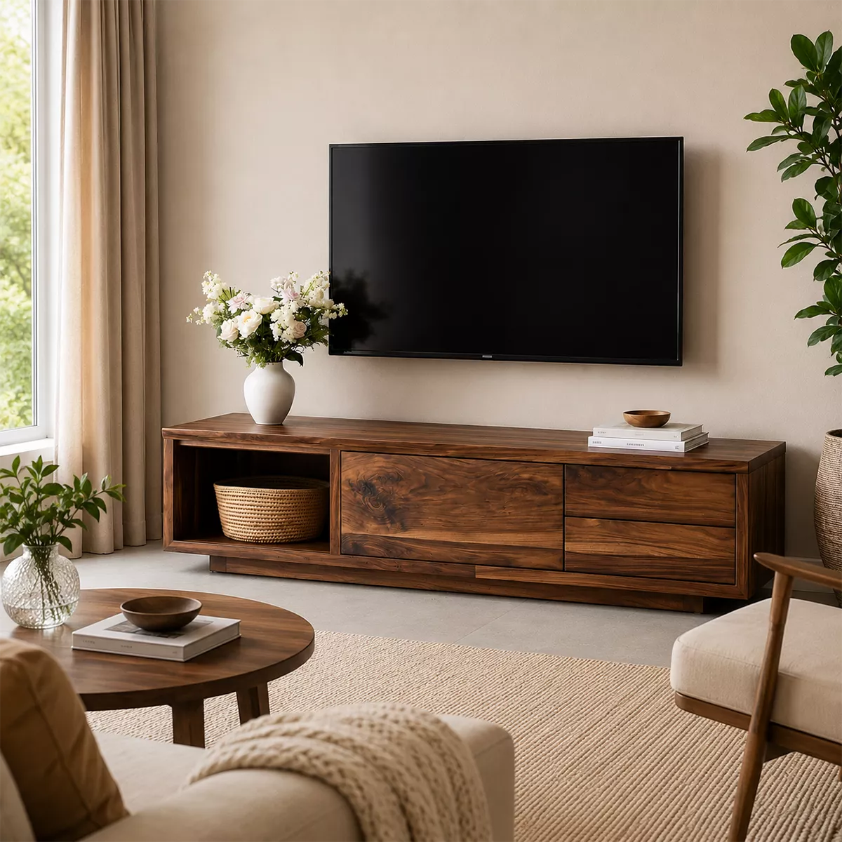 TV Stand with Open Display Nook and Two Drawers in Natural Solid Wood - Rustiracraft