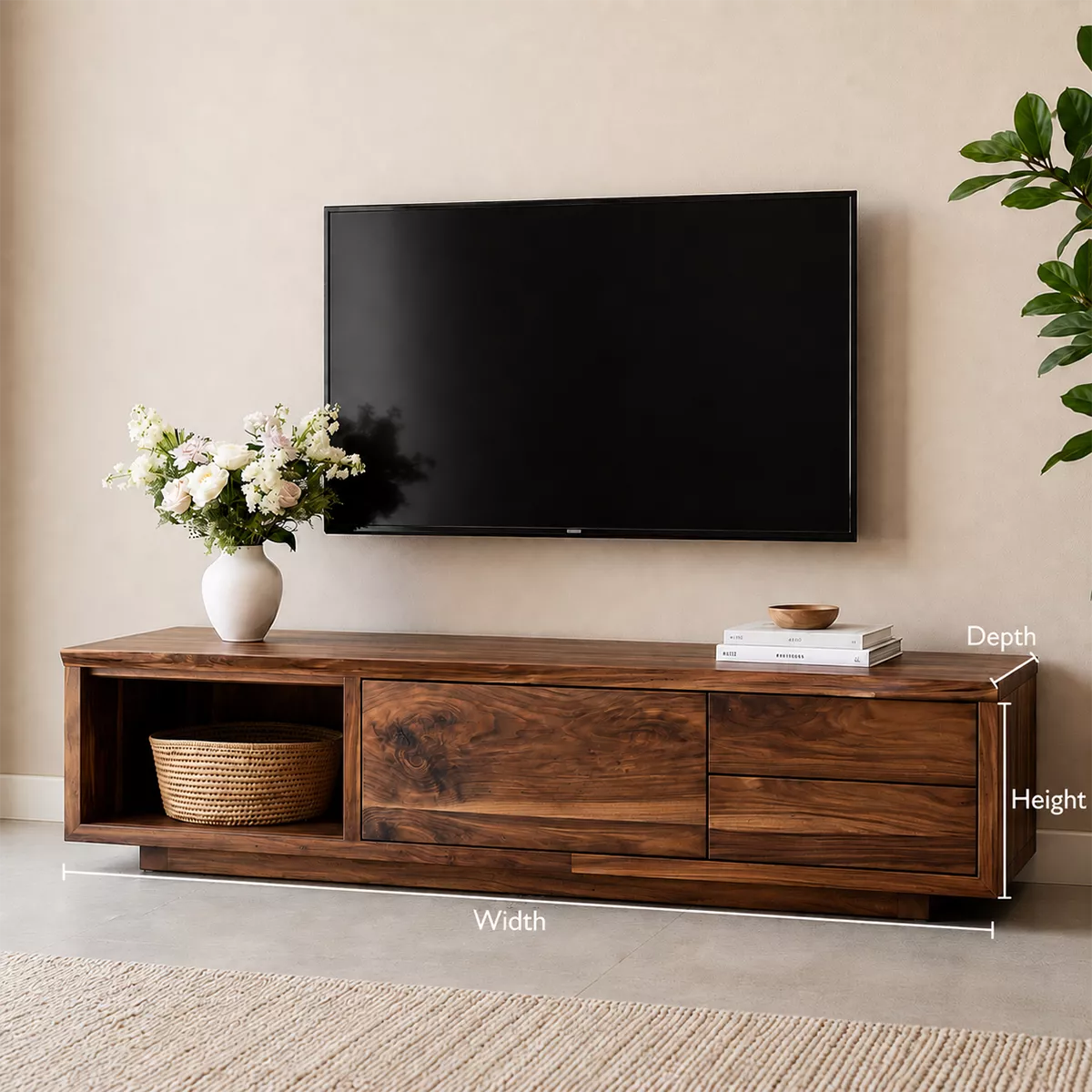 TV Stand with Open Display Nook and Two Drawers in Natural Solid Wood - Rustiracraft