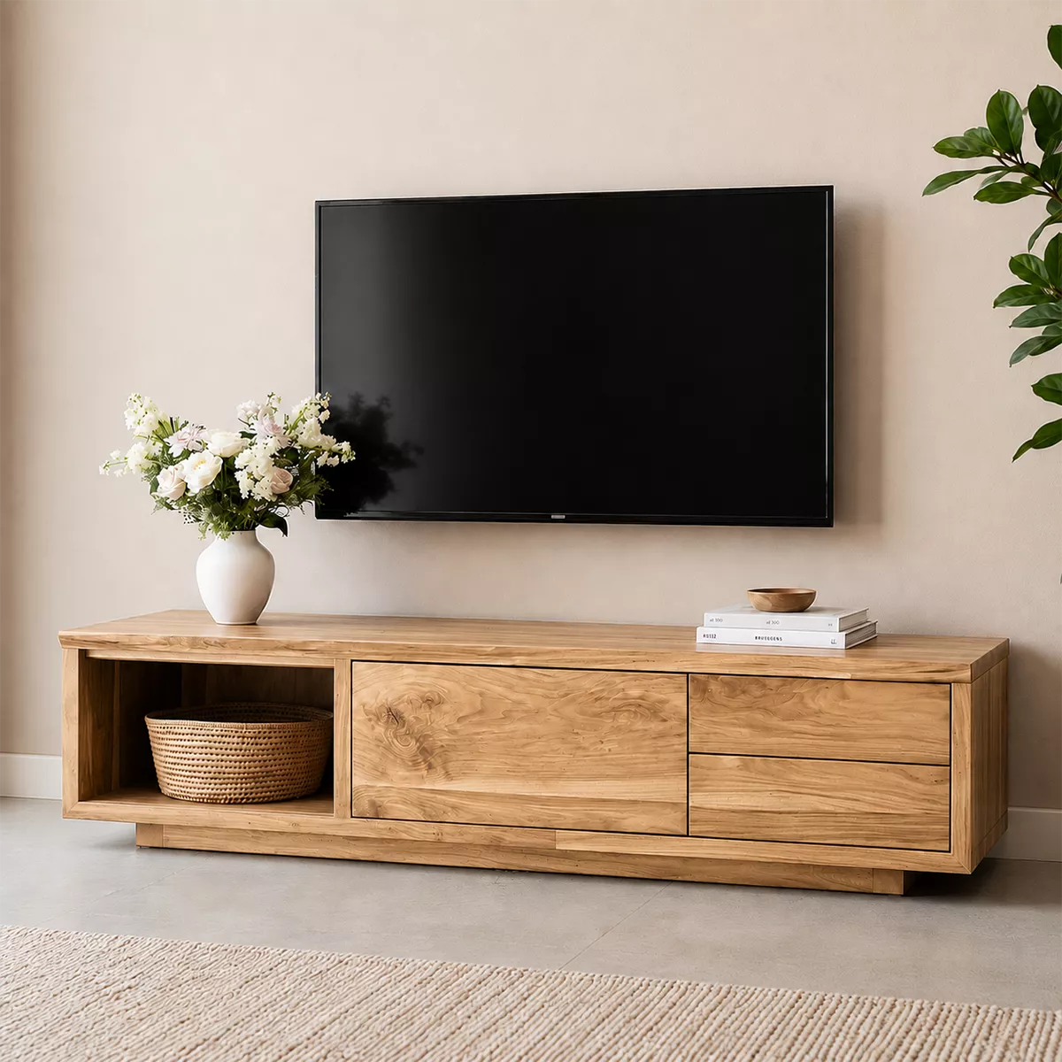 TV Stand with Open Display Nook and Two Drawers in Natural Solid Wood - Rustiracraft