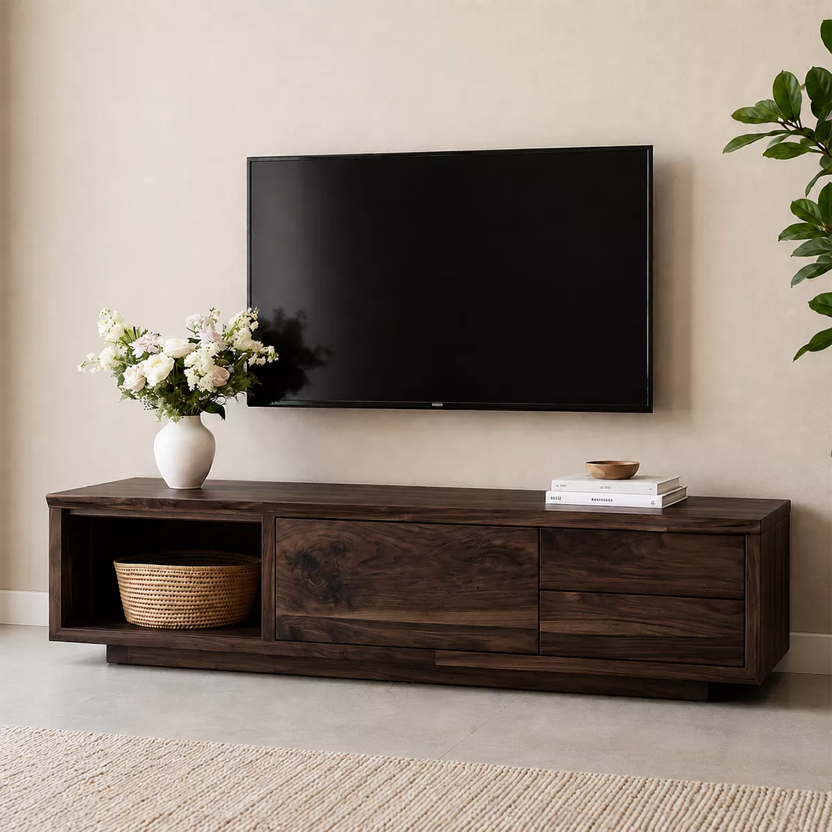TV Stand with Open Display Nook and Two Drawers in Natural Solid Wood - Rustiracraft