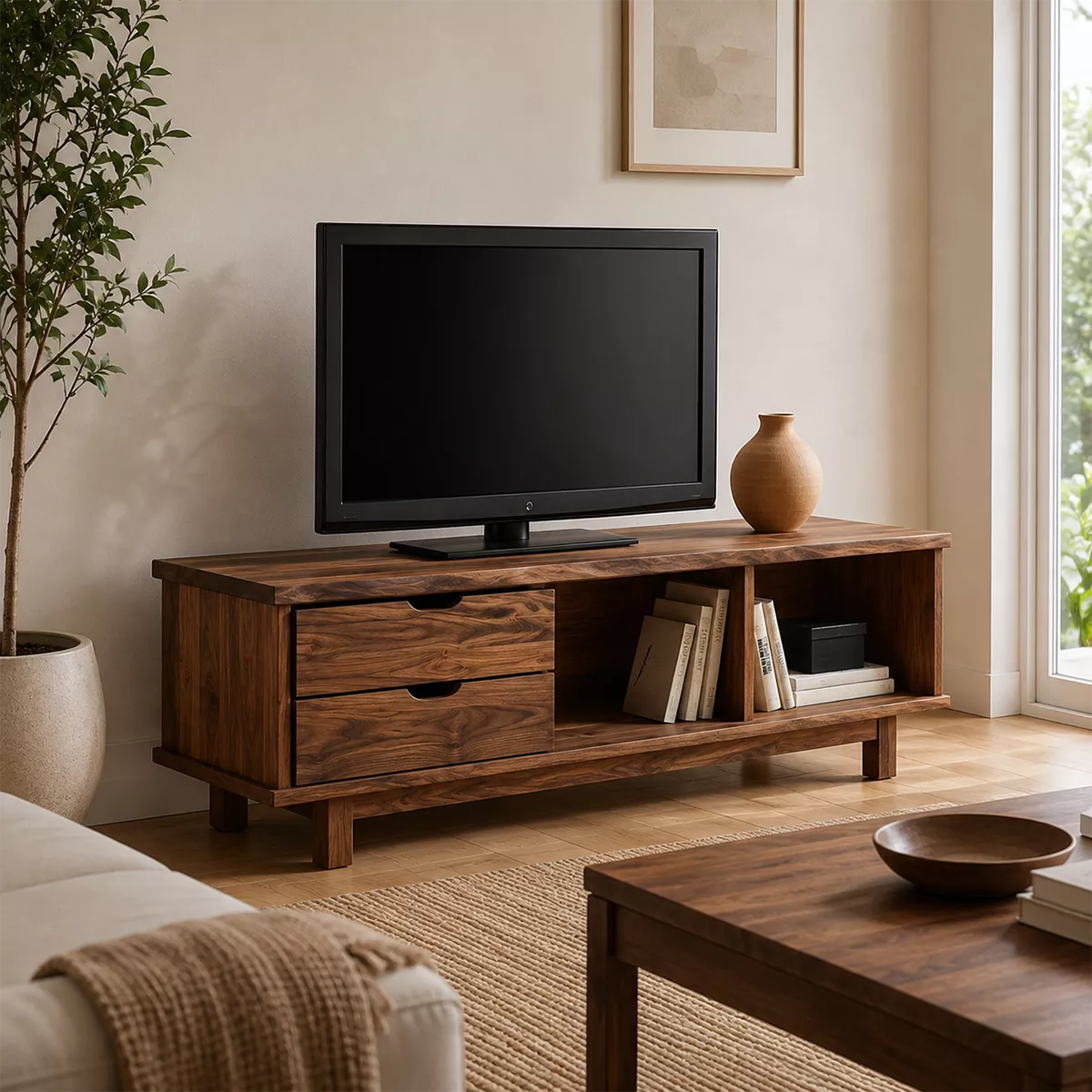 TV Stand with Sculpted Drawer Handles and Open Nooks in Natural Solid Wood - Rustiracraft