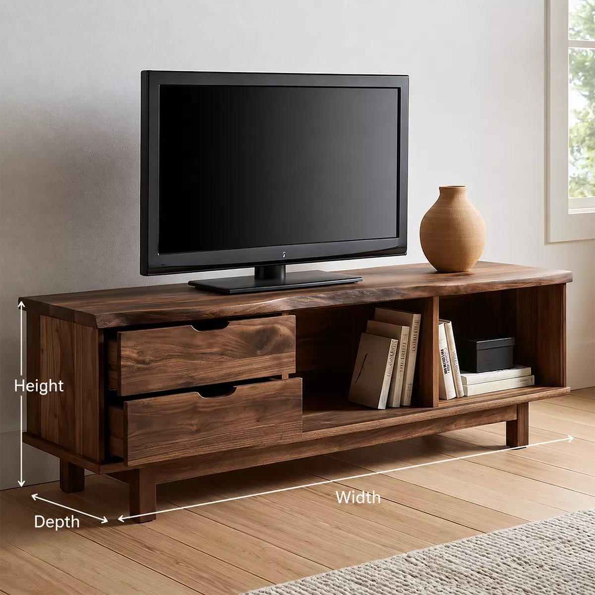 TV Stand with Sculpted Drawer Handles and Open Nooks in Natural Solid Wood - Rustiracraft