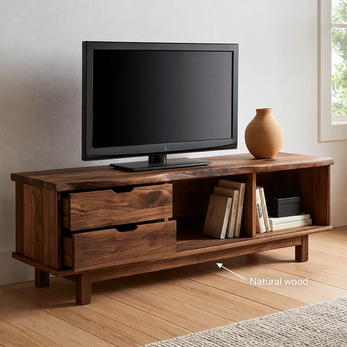 TV Stand with Sculpted Drawer Handles and Open Nooks in Natural Solid Wood - Rustiracraft