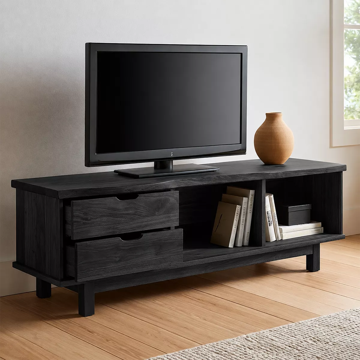 TV Stand with Sculpted Drawer Handles and Open Nooks in Natural Solid Wood - Rustiracraft