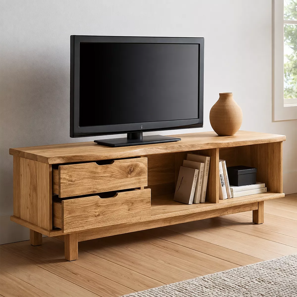 TV Stand with Sculpted Drawer Handles and Open Nooks in Natural Solid Wood - Rustiracraft