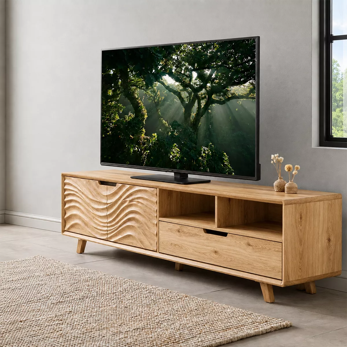 TV Stand with Sculptural Fluted Cabinet Door for Modern Living Room - Rustiracraft