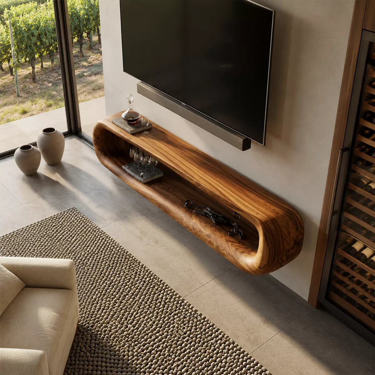 TV Stand with Sculptural Open Nook for Modern Living Room Interiors - Rustiracraft
