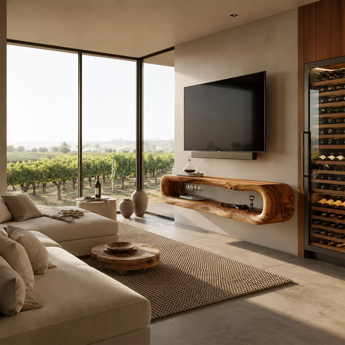 TV Stand with Sculptural Open Nook for Modern Living Room Interiors - Rustiracraft