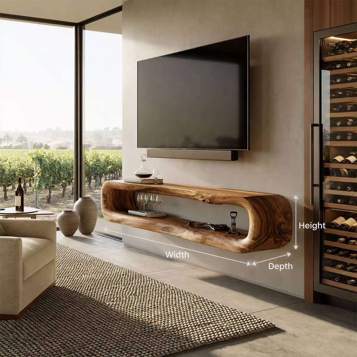 TV Stand with Sculptural Open Nook for Modern Living Room Interiors - Rustiracraft