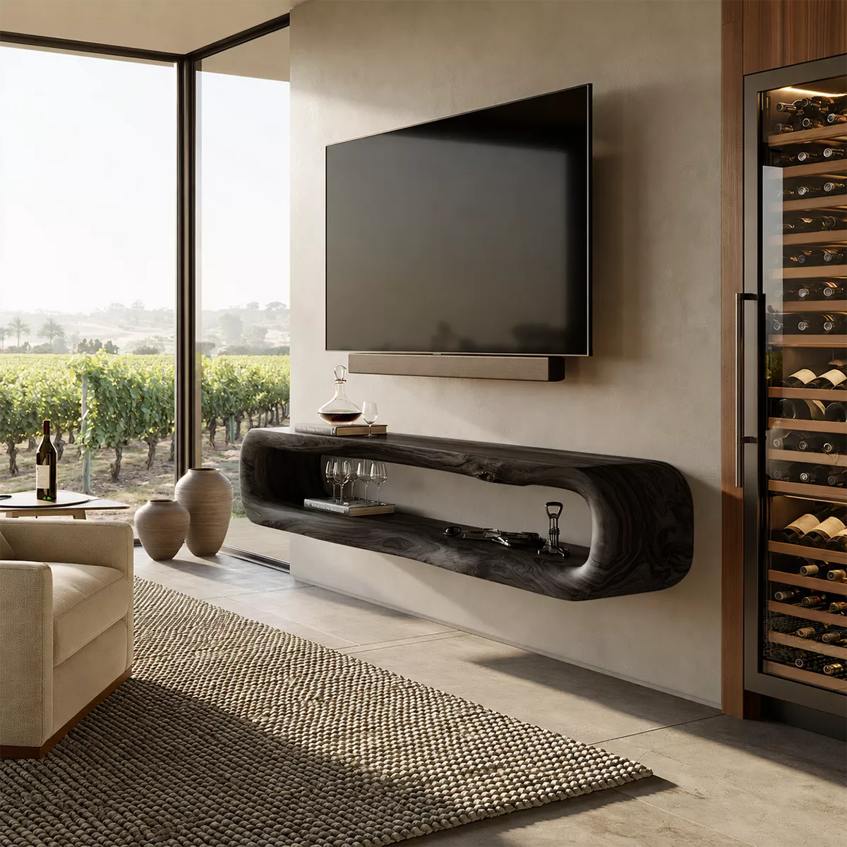 TV Stand with Sculptural Open Nook for Modern Living Room Interiors - Rustiracraft