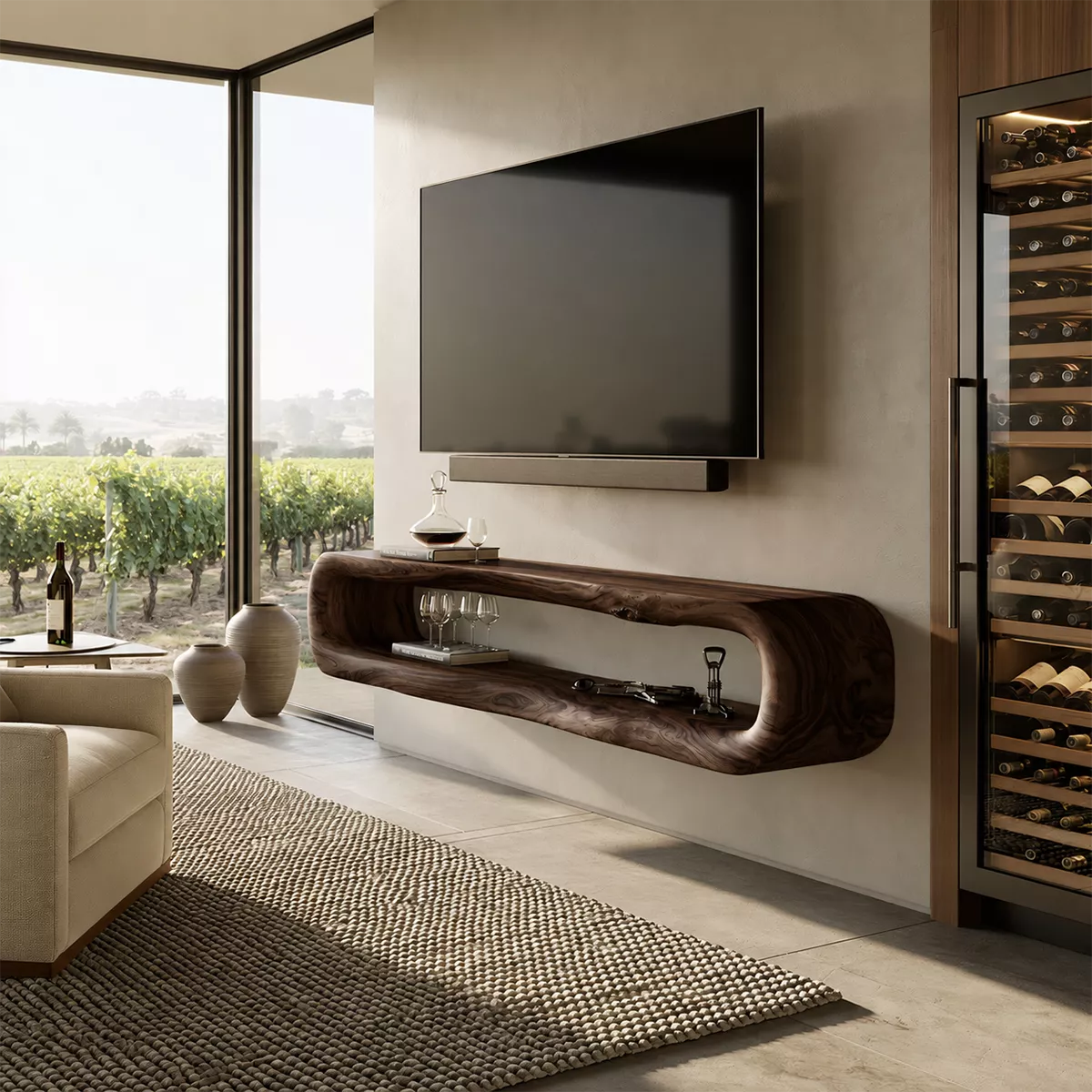 TV Stand with Sculptural Open Nook for Modern Living Room Interiors - Rustiracraft