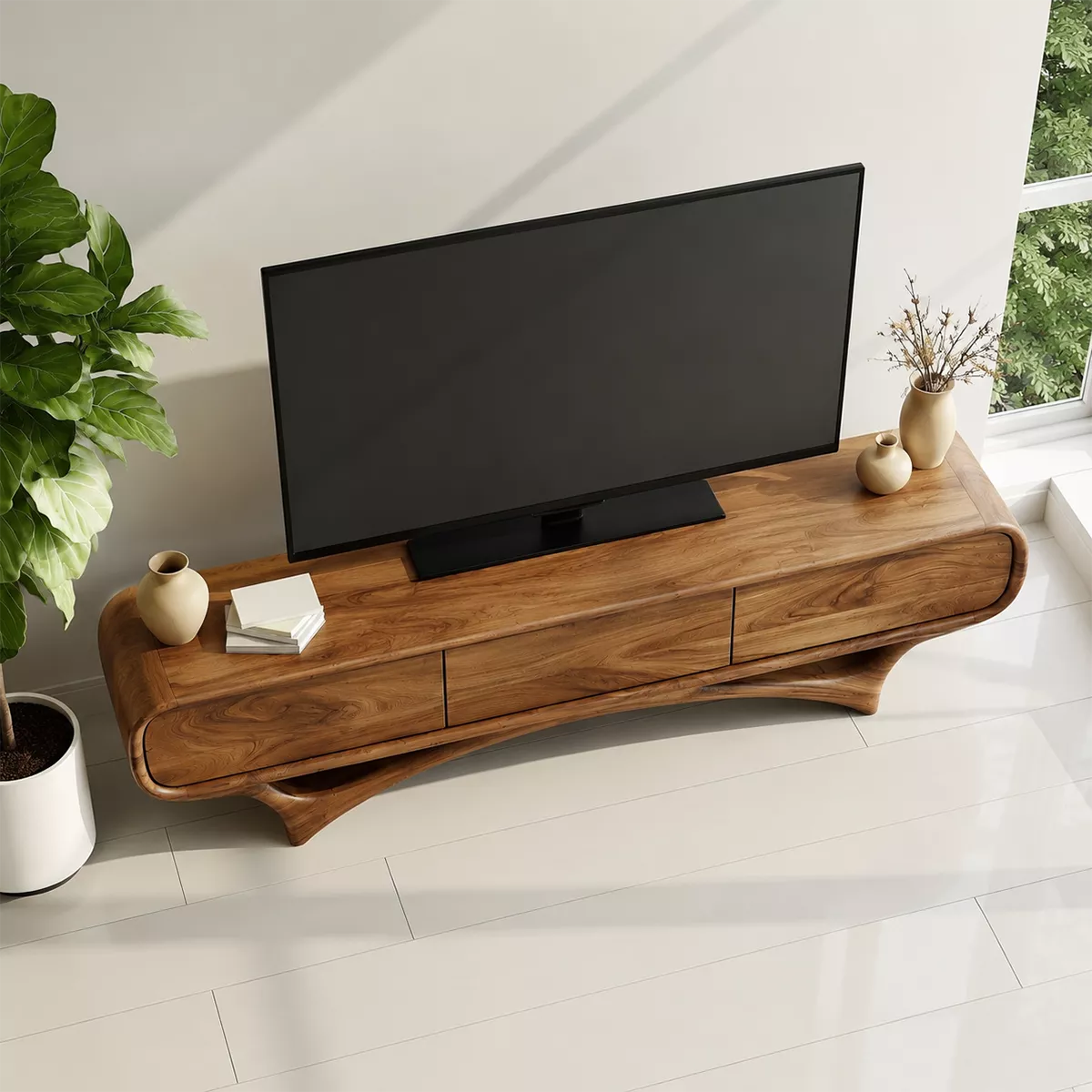 TV Stand with Three Sculptural Curved Drawers in Natural Solid Wood - Rustiracraft