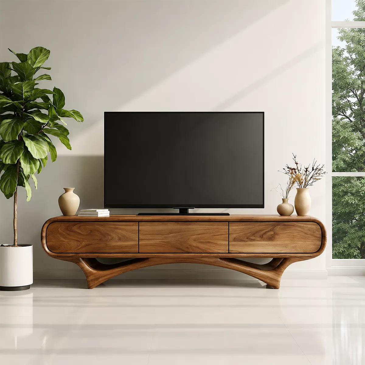TV Stand with Three Sculptural Curved Drawers in Natural Solid Wood - Rustiracraft